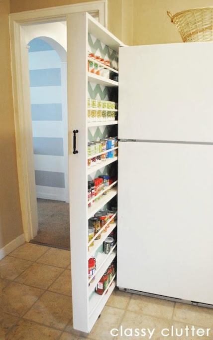 Classy Clutter via Lushome sliding shelves kitchen hack