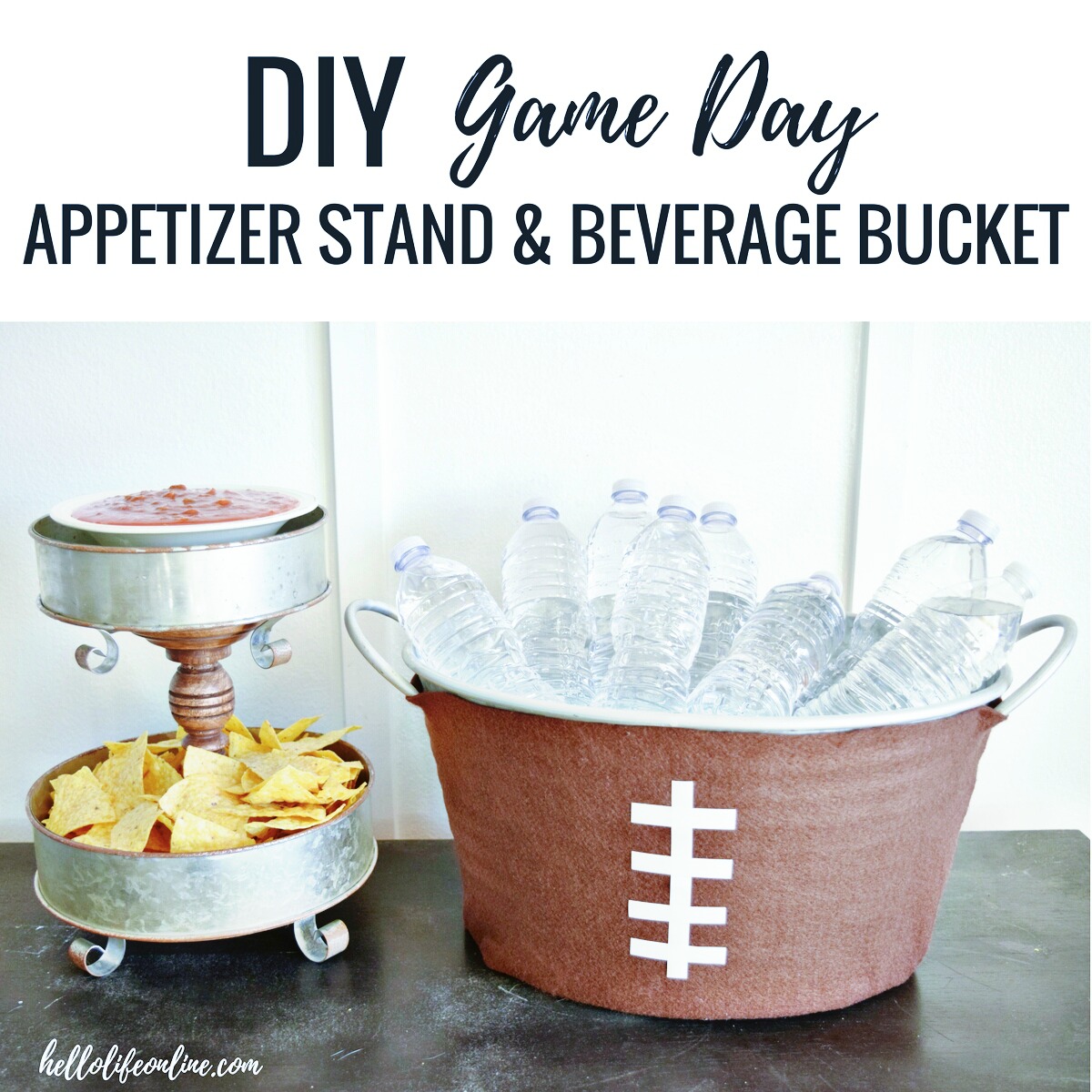 Game Day Party- Learn how to make an easy rustic DIY appetizer stand and beverage bucket, perfect for a Superbowl party or any other occasion!