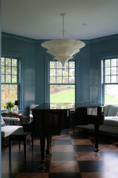 Foley & Cox Interiors blue lacquered piano room