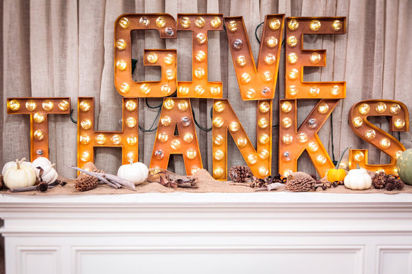 Lily Shop Give Thanks marquee sign mantel