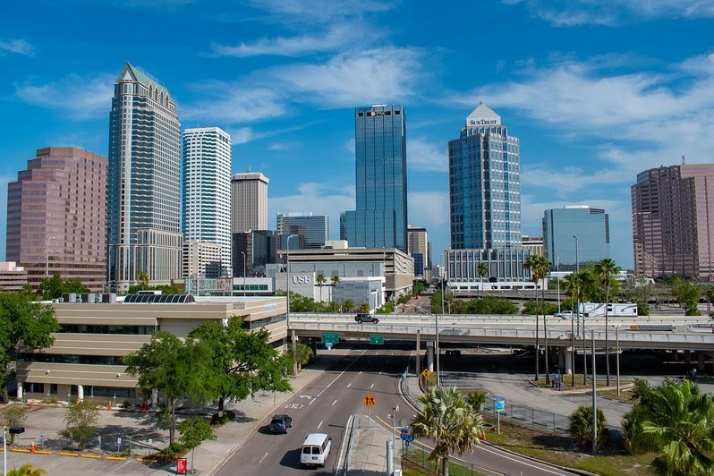Tampa Bay, Florida. April 28, 2019 . Panoramic view of Tampa Downtown and I4 Highway.