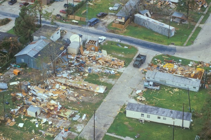 An aerial view of some damage caused by Hurricane Andrew