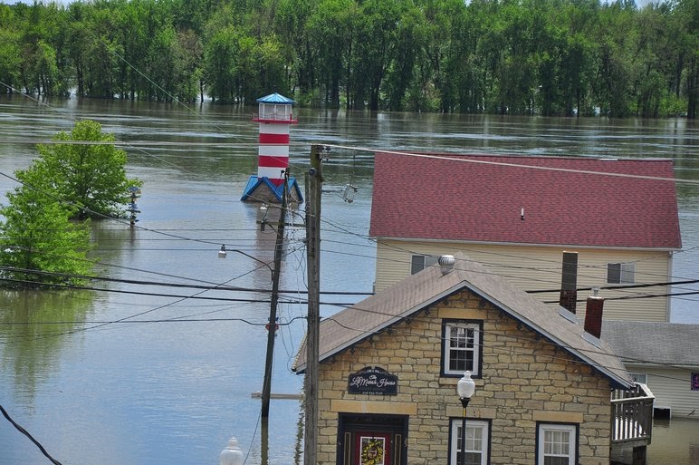 Near record flooding on the Mississippi river in Grafton Illinois