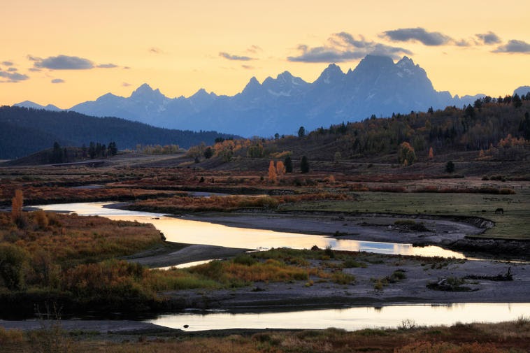 Twilight over Buffalo Valley and the Tetons as seen from Grand Teton National Park, Wyoming