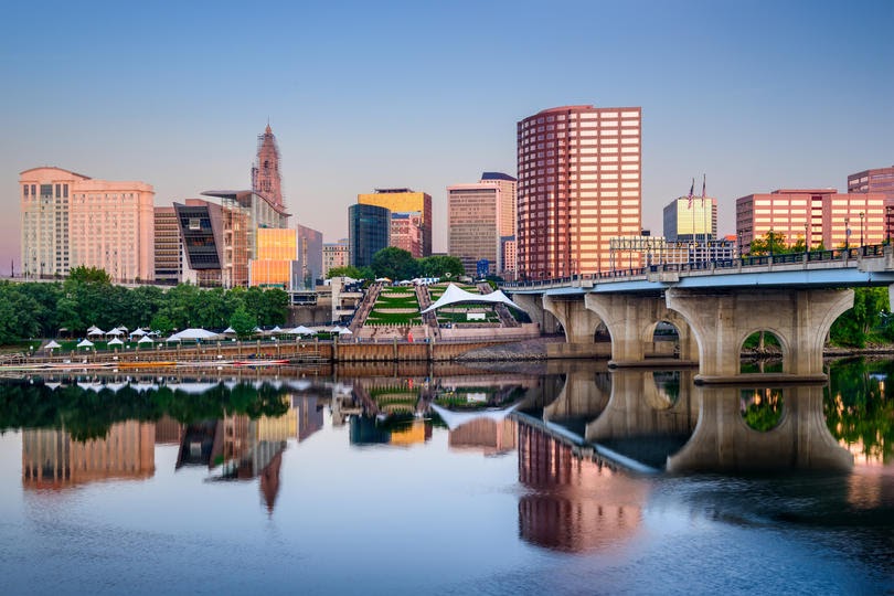 Downtown city skyline on the river. Hartford, Connecticut, USA