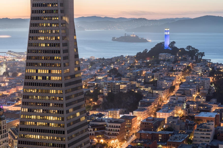 Dusk over Telegraph Hill, Alcatraz Island and San Francisco Bay from the Financial District.