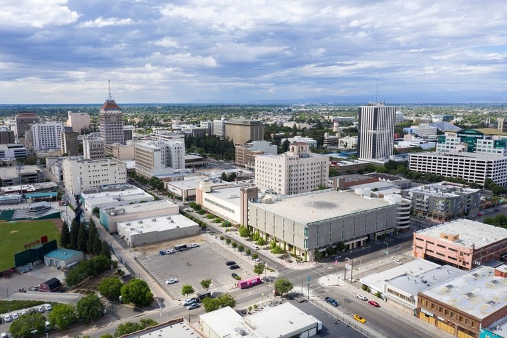 Aerial views of downtown Fresno skyline, California