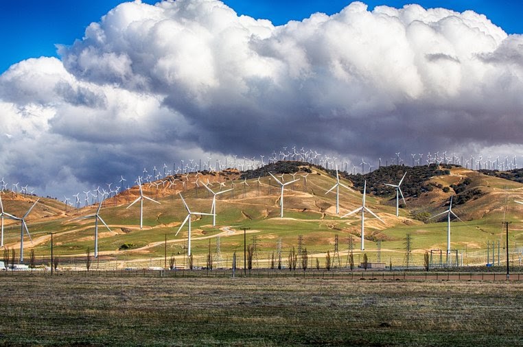 Wind Turbines line the hillsides outside Bakersfield, California