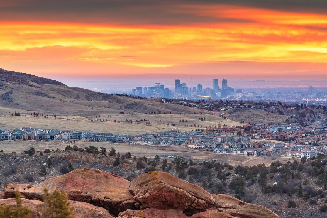 Downtown skyline viewed from Red Rocks at dawn. Denver, Colorado, USA 