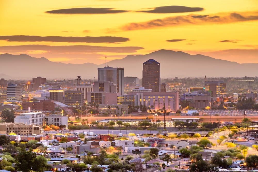 Downtown city skyline with mountains at twilight. Tucson, Arizona, USA 