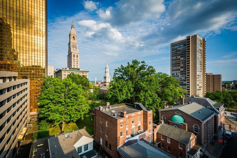 View of buildings in downtown Hartford, Connecticut.