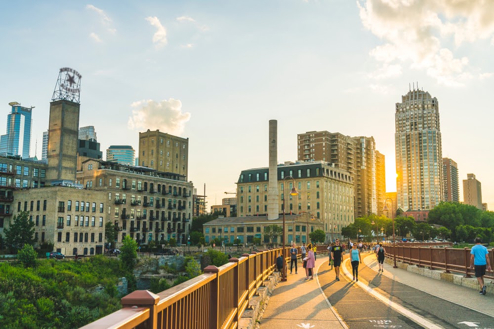 Mill Ruins park,view on stone arch bridge at sunset. Minneapolis, Minesota