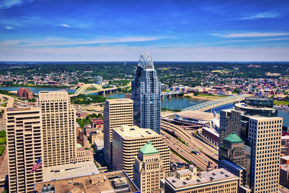 Aerial view of Cincinnati, Ohio looking toward Kentucky
