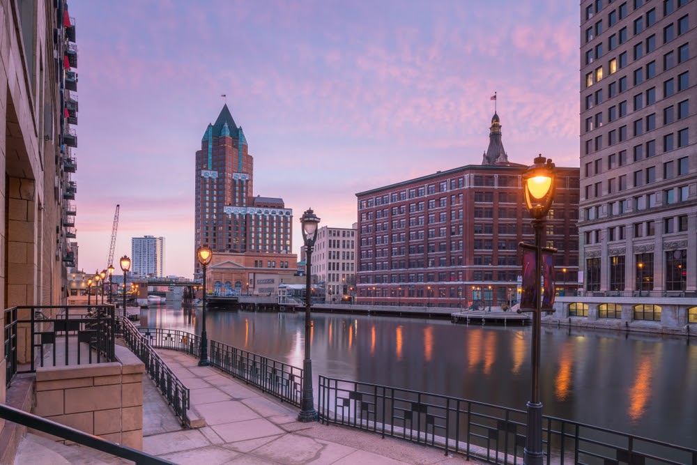 Downtown skyline with Buildings in Milwaukee at twilight, in Wisconsin USA