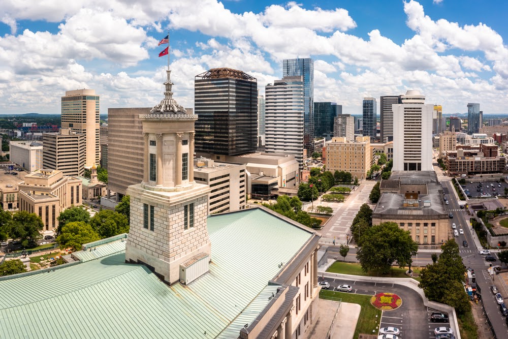 Aerial view of Nashville Capitol and skyline on a sunny day