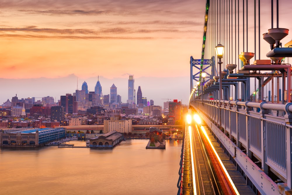 Philadelphia, Pennsylvania, USA downtown skyline from the Benjamin Franklin Bridge