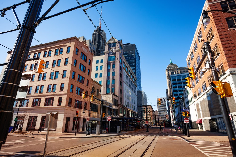 Streetcar tram line on the main street in Buffalo, NY, USA