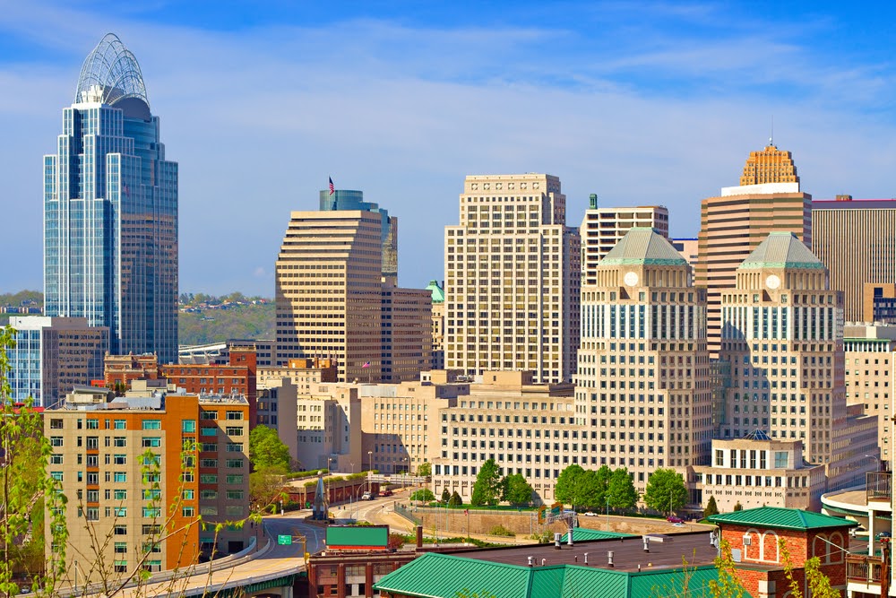 Skyline of downtown Cincinnati, Ohio, USA with office buildings.