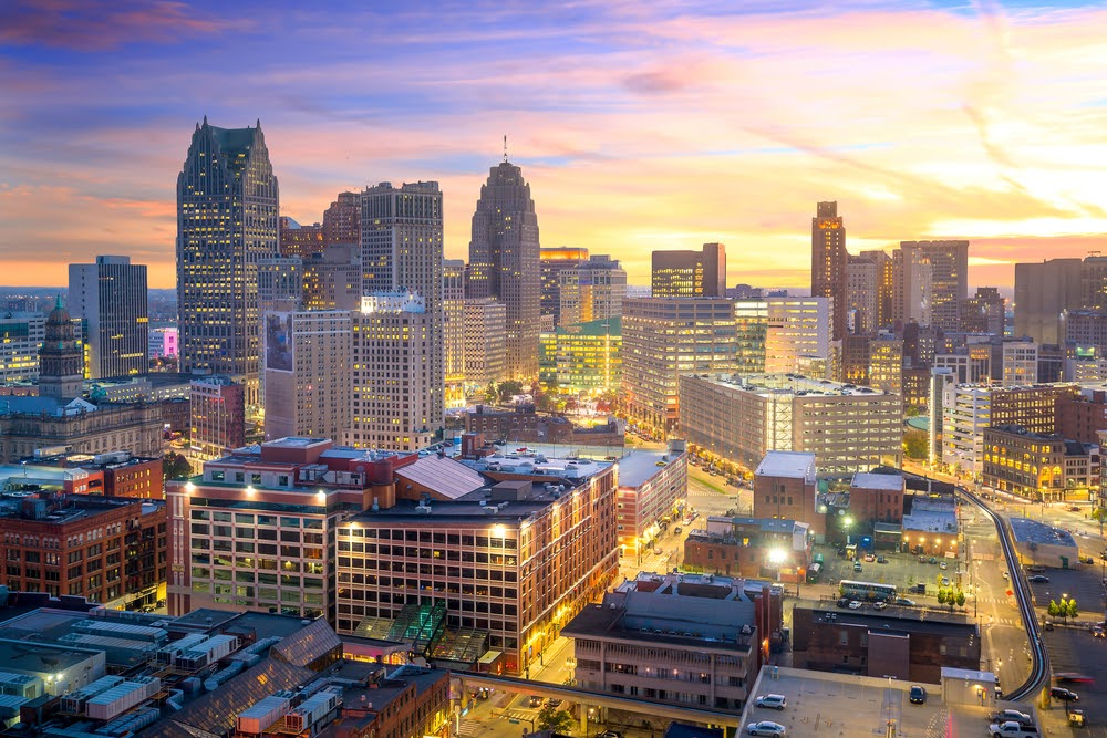 Aerial view of downtown Detroit at twilight in Michigan USA