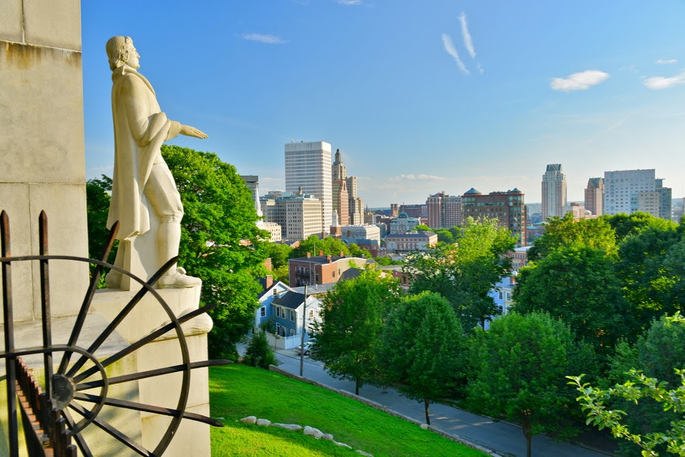 Prospect Terrace Park view of the Providence skyline and Roger Williams statue, Providence, Rhode Island, USA