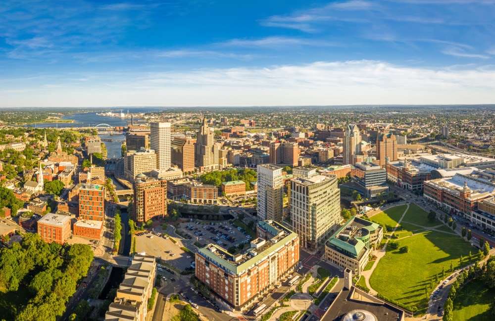 Aerial panorama of Providence skyline on a late afternoon, Rhode Island