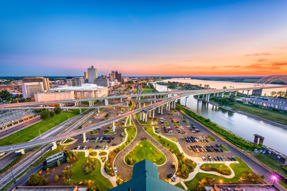 Memphis, Tennessee, USA aerial skyline view with downtown and Mud Island