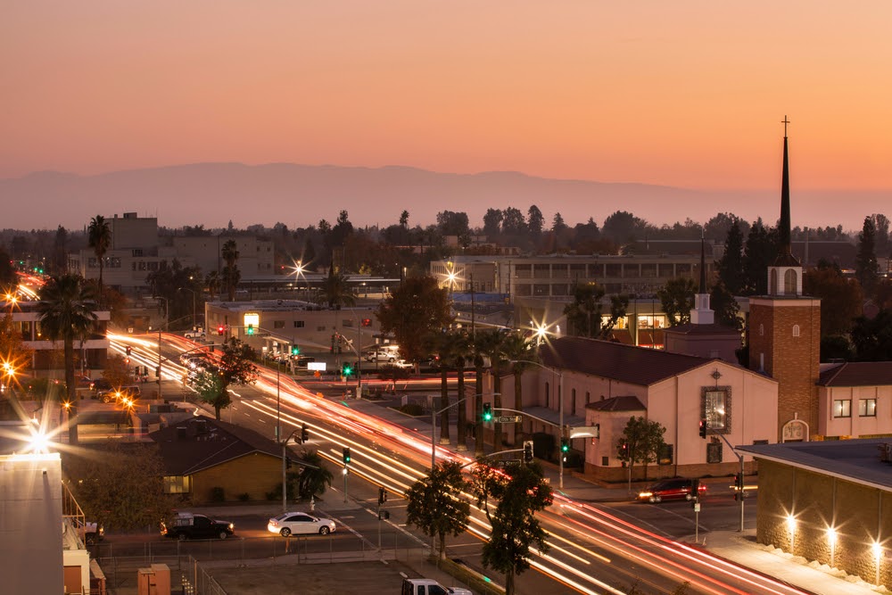 Sunset aerial view of historic downtown Bakersfield, California, USA