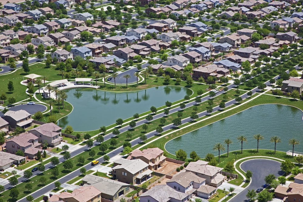 Suburb with man made lakes in east Mesa, Arizona