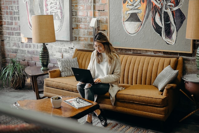 girl working from home in her living room