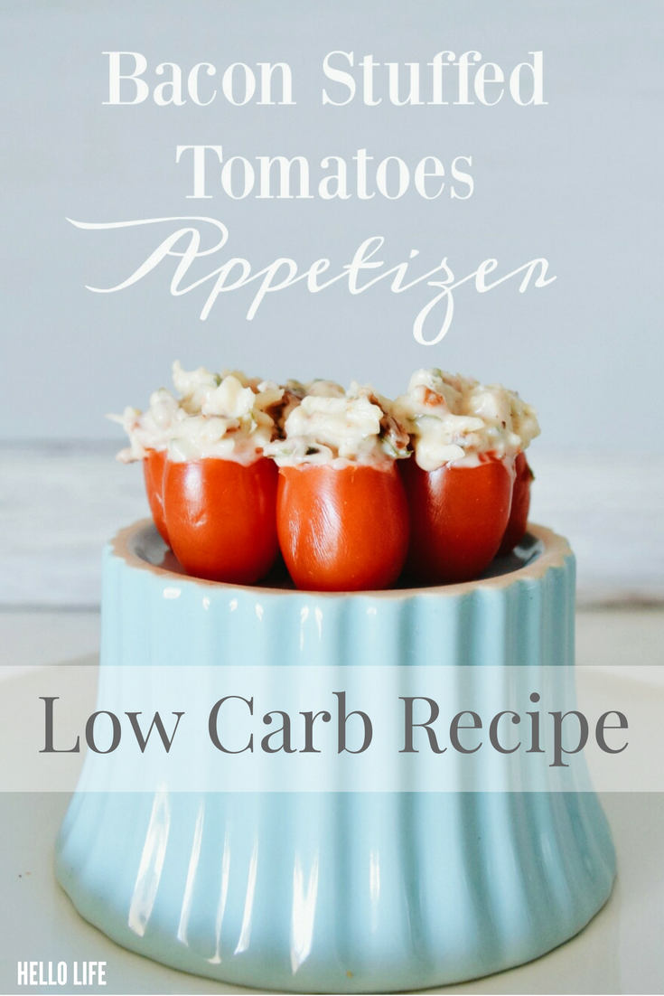 On a low carb plan? This recipe for Bacon Stuffed Tomatoes is the perfect appetizer to share with a crowd at parties or to enjoy all by yourself! Easy to make, high protein, and healthy!! Yumm!